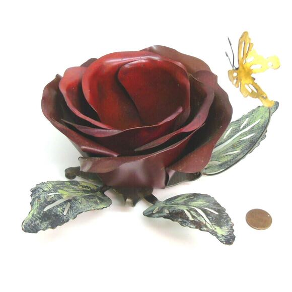 Metal 5" Red Rose Flower CANDLE HOLDER Votive Tealight Decor Brass Butterfly NWT - Picture 6 of 6